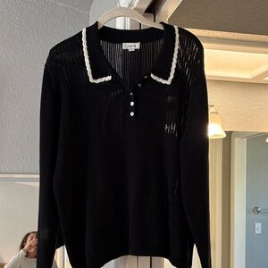 CeCe Black Polo Sweater with White Trim Collar